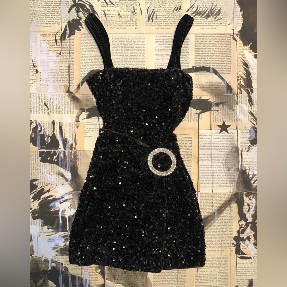 Black Sequin Mini Dress with Rhinestone Side Buckle